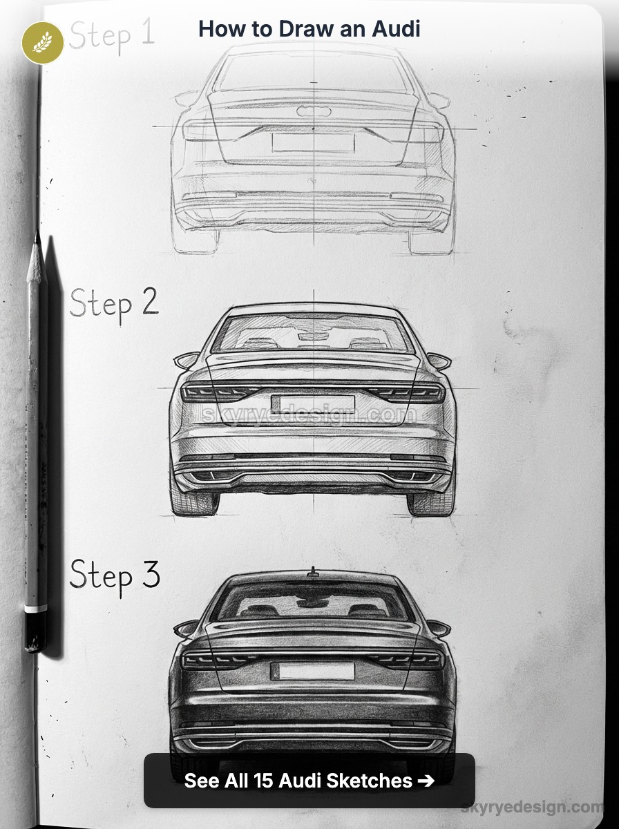 Audi sketch tutorial: three-step pencil drawings of a rear-view Audi progressing from rough to detailed