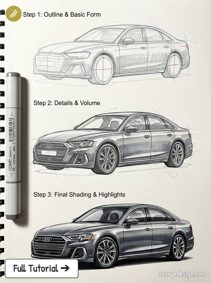 3-step car sketch tutorial: Audi sedan drawing from outline to detailed rendering with shading and highlights
