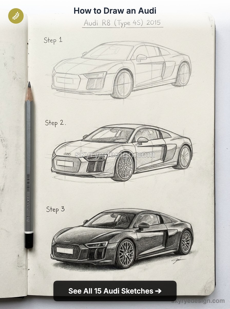 Step-by-step pencil sketch tutorial of an Audi R8 in a sketchbook showing three drawing stages with a graphite pencil.