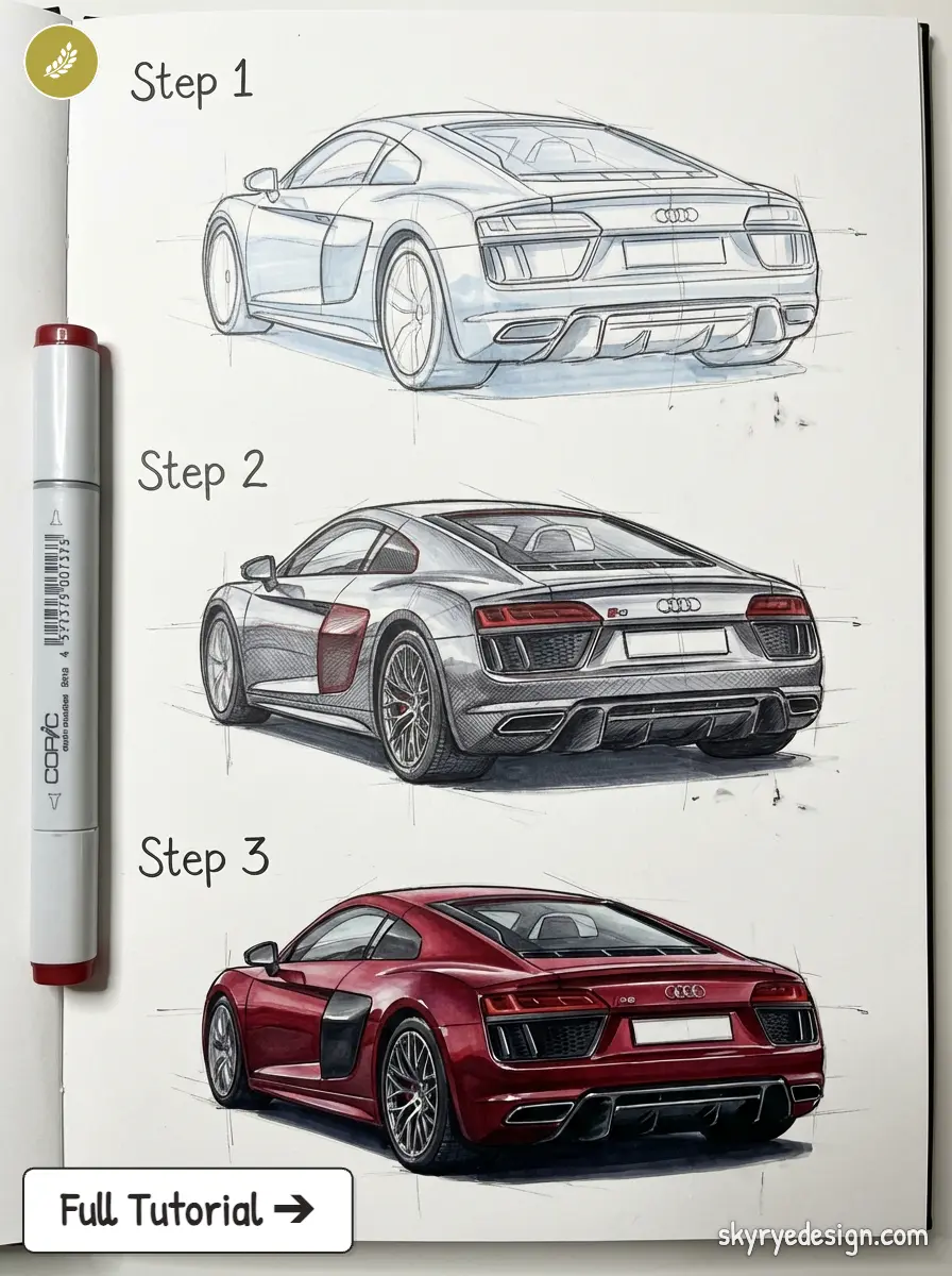 Audi R8 drawing tutorial: Step 1 pencil sketch, Step 2 shaded rendering, Step 3 red marker finished car.