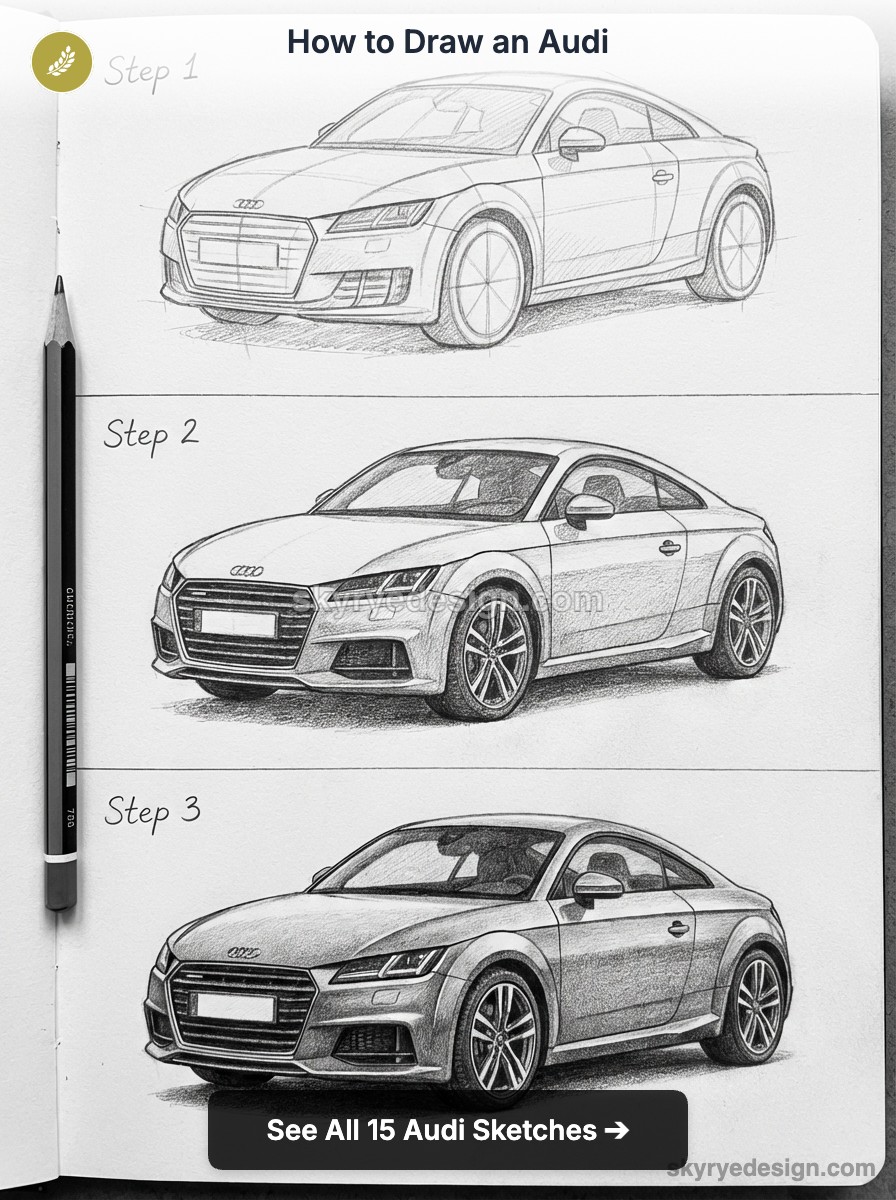 How to draw an Audi: step-by-step pencil sketches showing three stages from rough outline to detailed rendered sports car