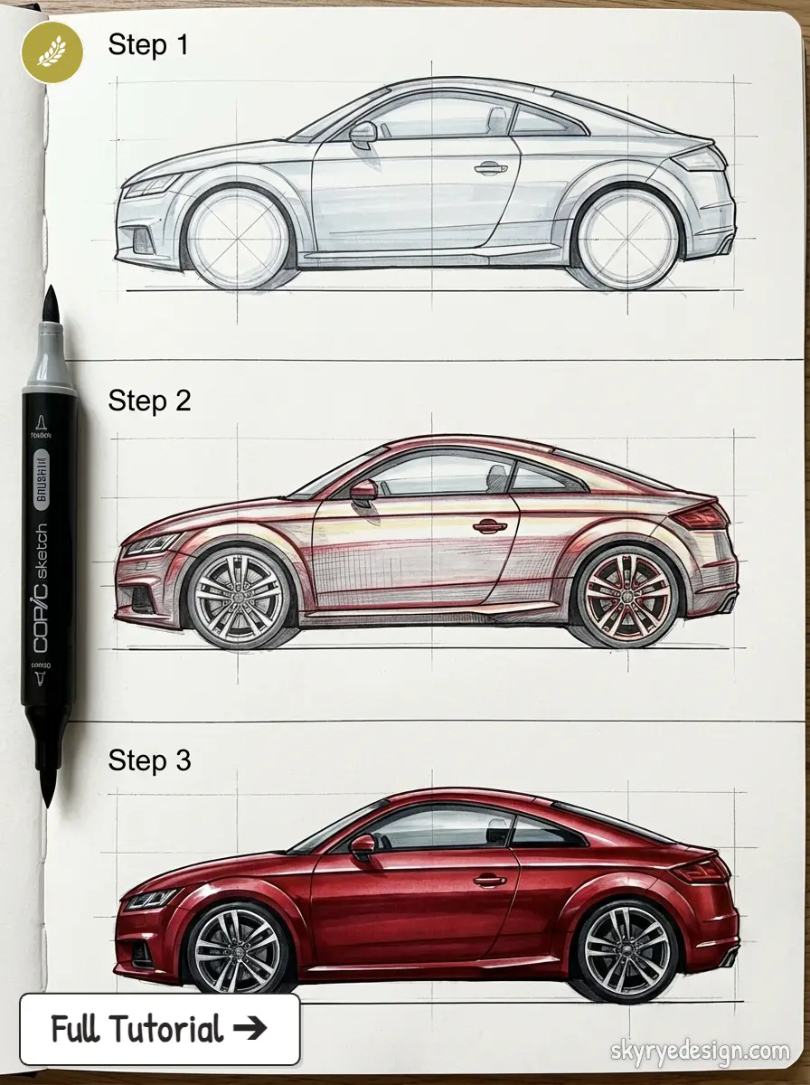 Step-by-step car sketch tutorial: outline, shaded drawing, final red sports car rendering with marker on sketchbook