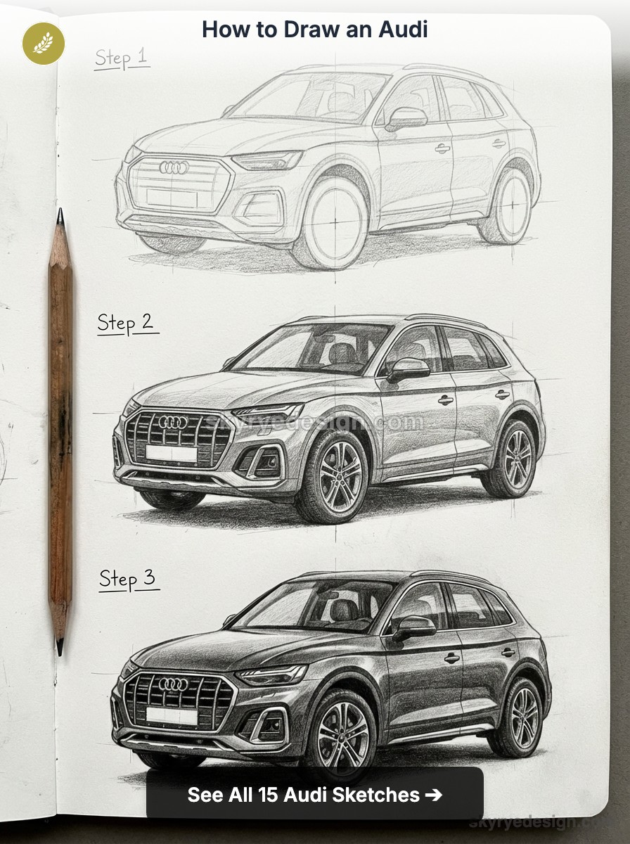 Audi SUV sketch tutorial — step-by-step pencil drawings of an Audi on a sketchbook page with pencil