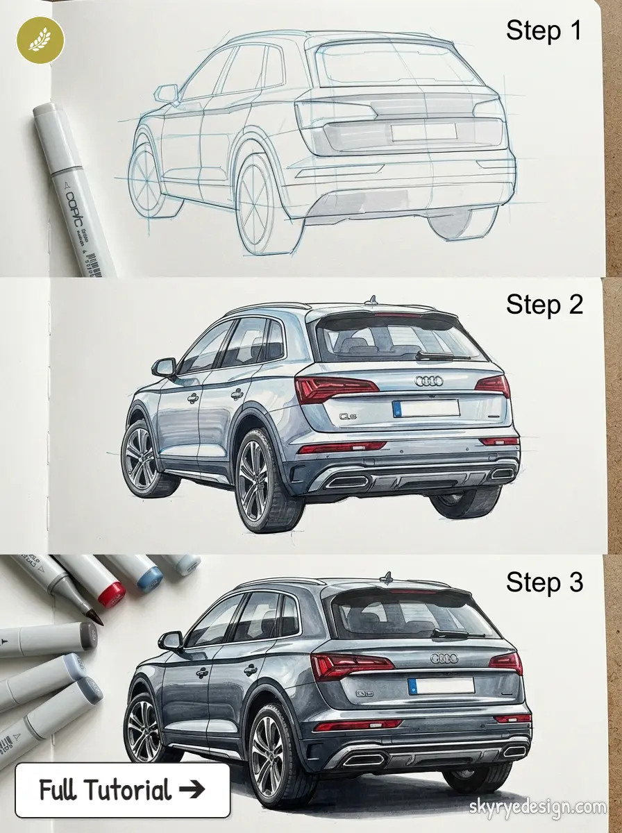 Three-step marker tutorial showing rear three-quarter Audi Q5 sketch to finished realistic rendering with markers