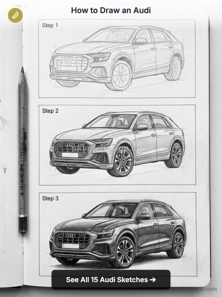 How to draw an Audi: three-step pencil sketch tutorial showing progressive drawings of an Audi SUV on a notebook page.