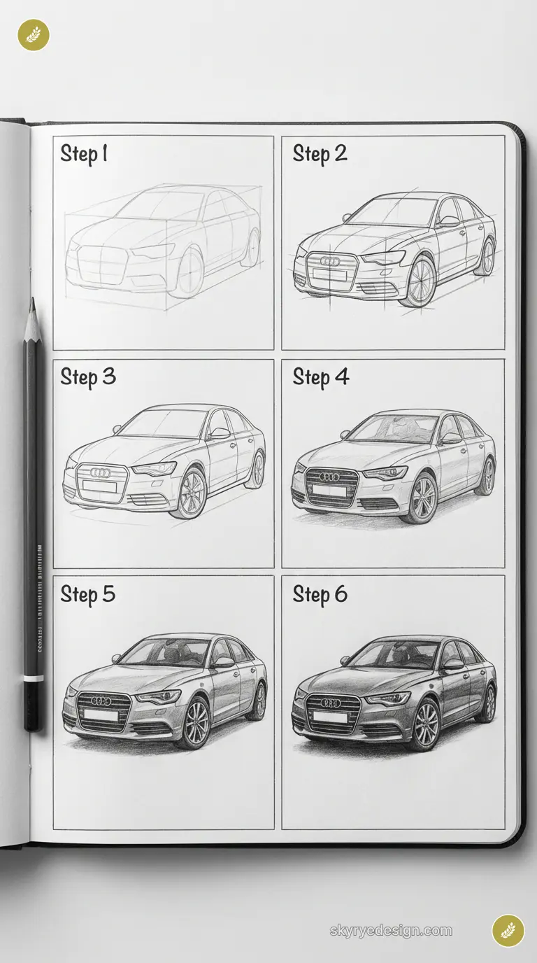 Pencil step-by-step car drawing tutorial in sketchbook showing six stages from rough sketch to shaded Audi sedan