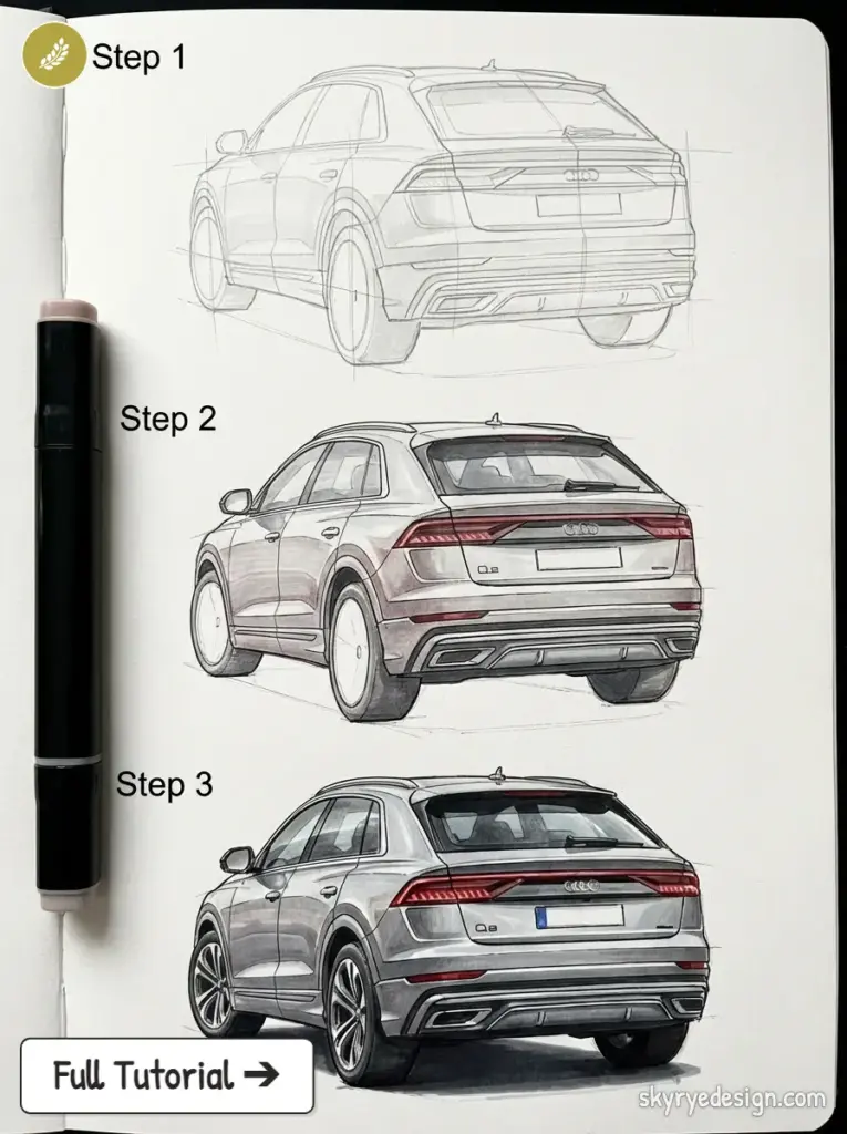 Step-by-step car sketch tutorial showing three stages of an Audi Q8 rear three-quarter drawing with marker pen