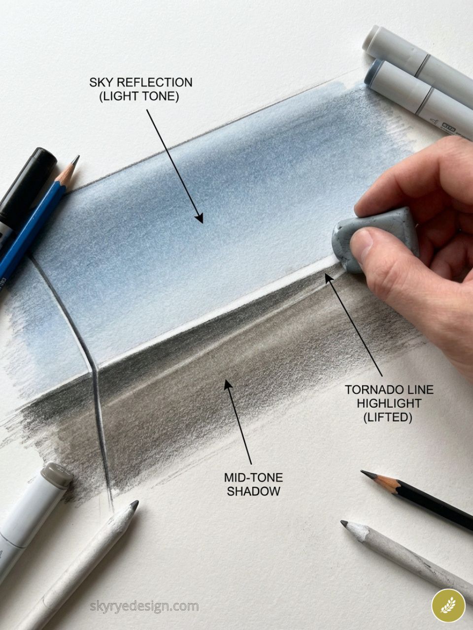 Hand lifting highlight on automotive panel sketch with sky reflection, mid-tone shadow, markers and pencils