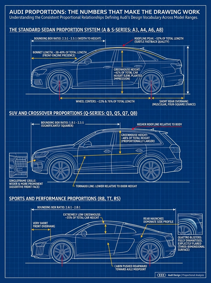 Audi proportions blueprint: side-view diagrams of sedan, SUV, and sports cars with dimensional labels