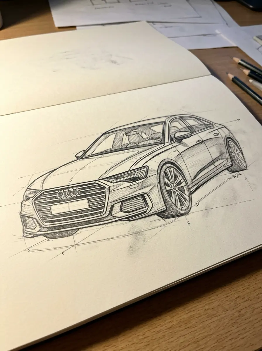 Pencil sketch of an Audi sedan in a design sketchbook on a wooden desk with drawing pencils