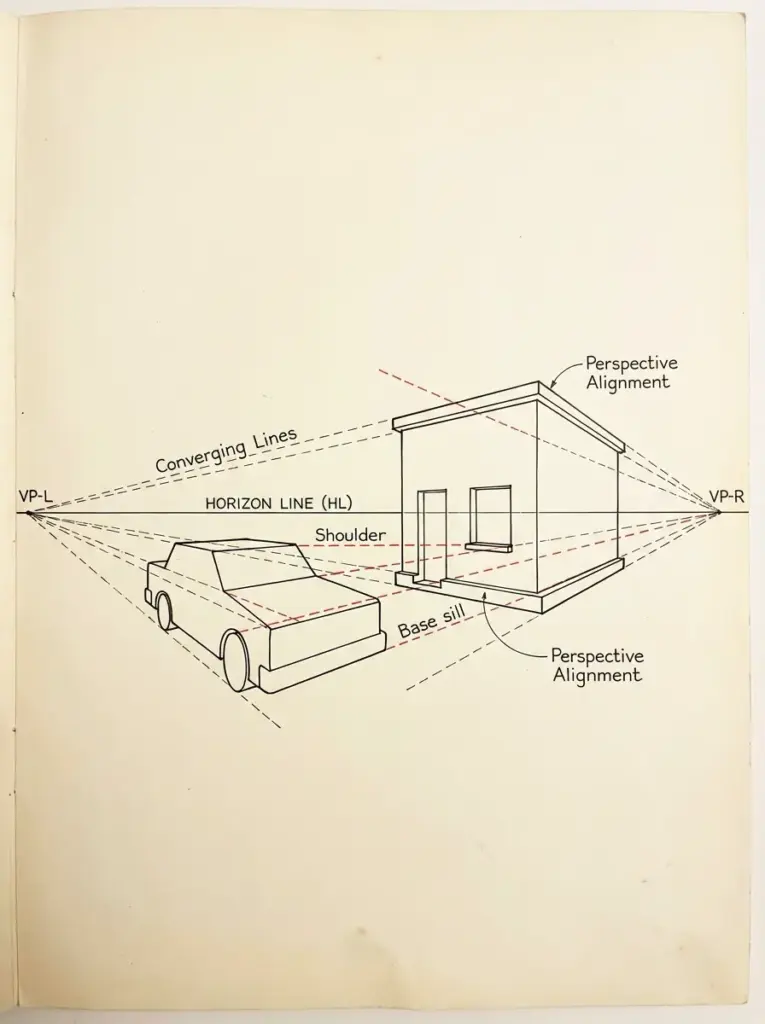 Two-point perspective diagram of car and house with horizon line, vanishing points, and converging lines