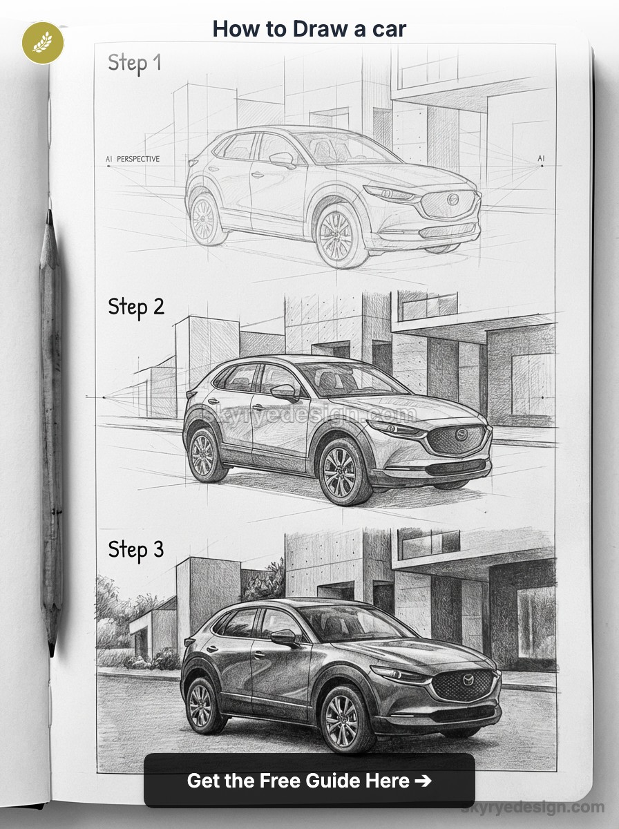 How to draw a car: step-by-step pencil sketches of a modern SUV in perspective inside a sketchbook with pencil