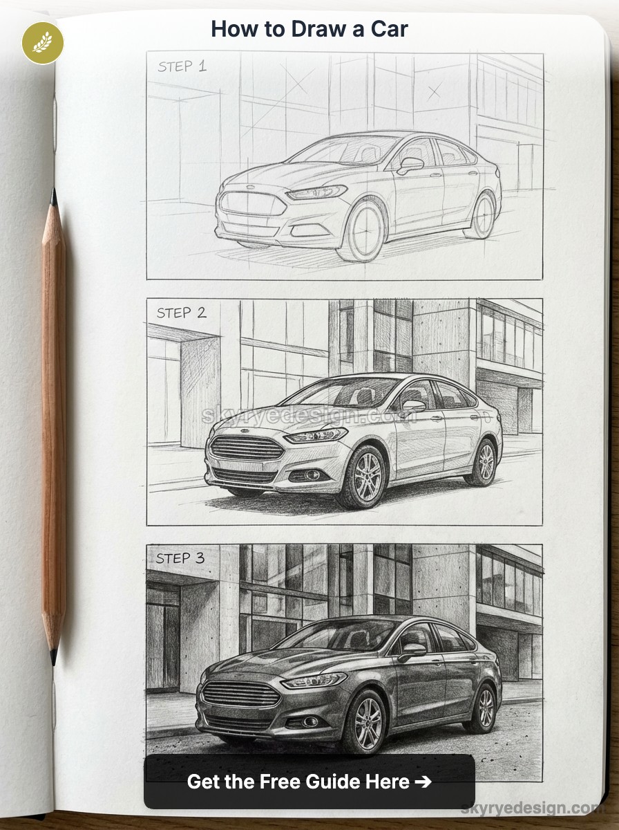 How to draw a car tutorial: three-step pencil sketch progression of a sedan on sketchbook page with pencil beside it