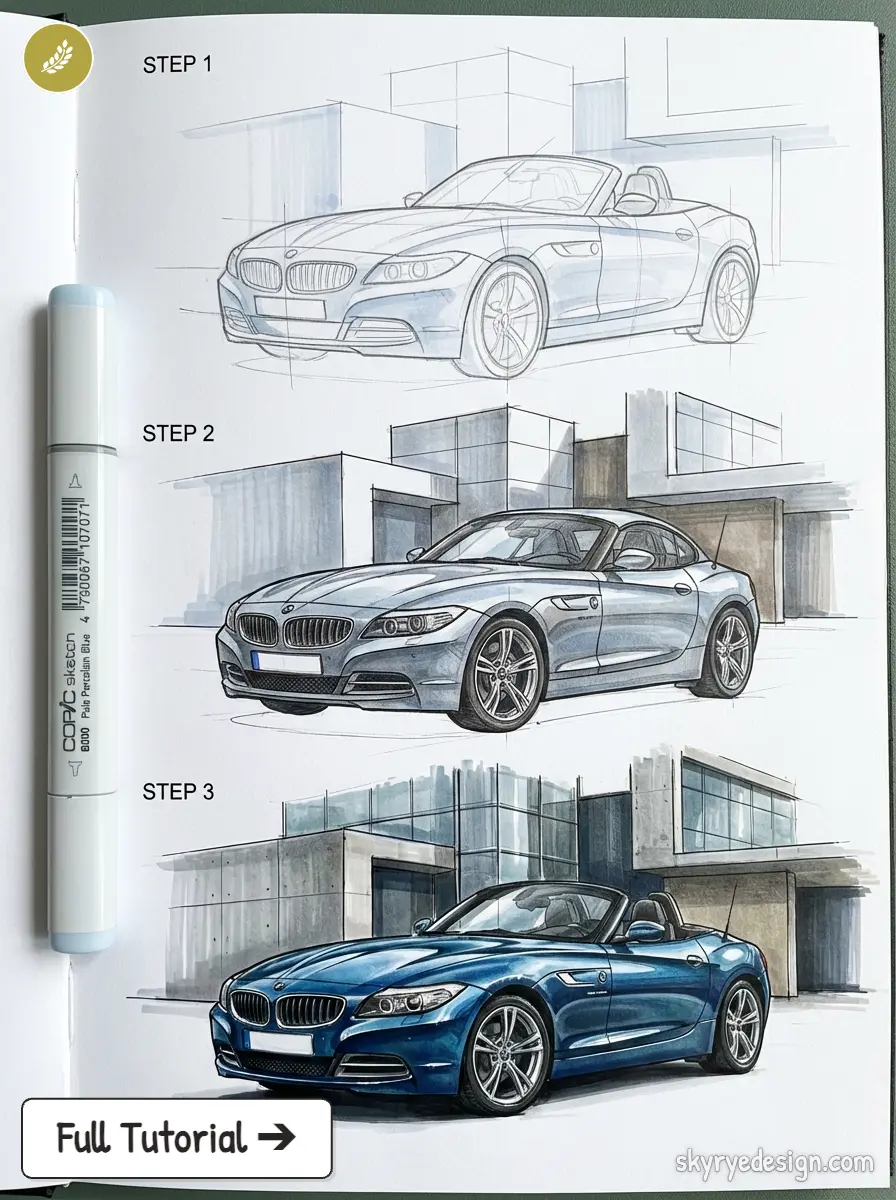 Step-by-step car drawing tutorial showing blue convertible sports car sketches in a sketchbook with a Copic marker.