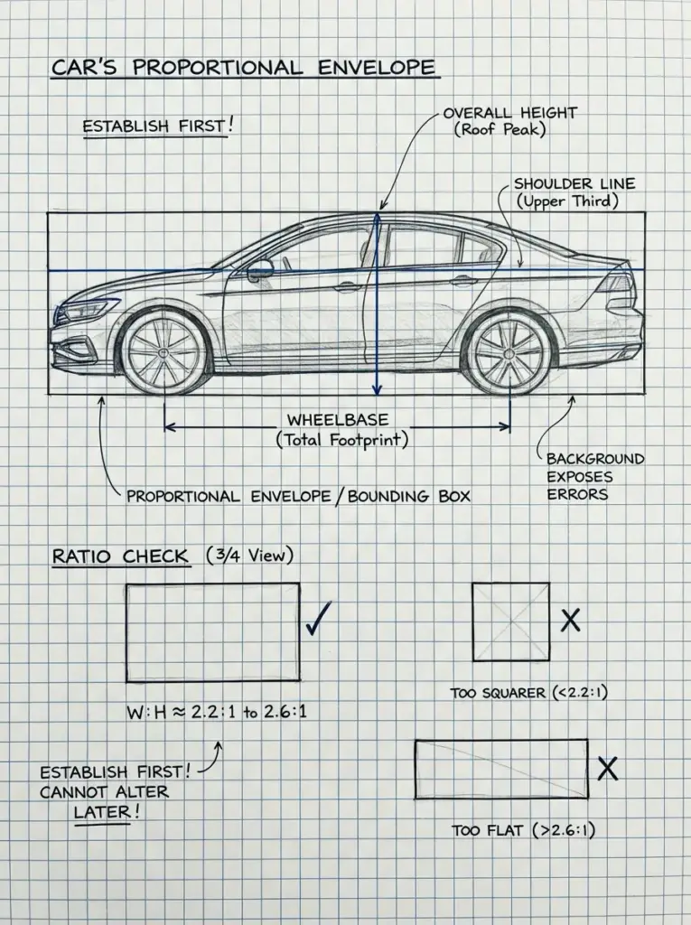 Car side-profile sketch on grid paper showing proportional envelope, wheelbase, bounding box and ratio checks.