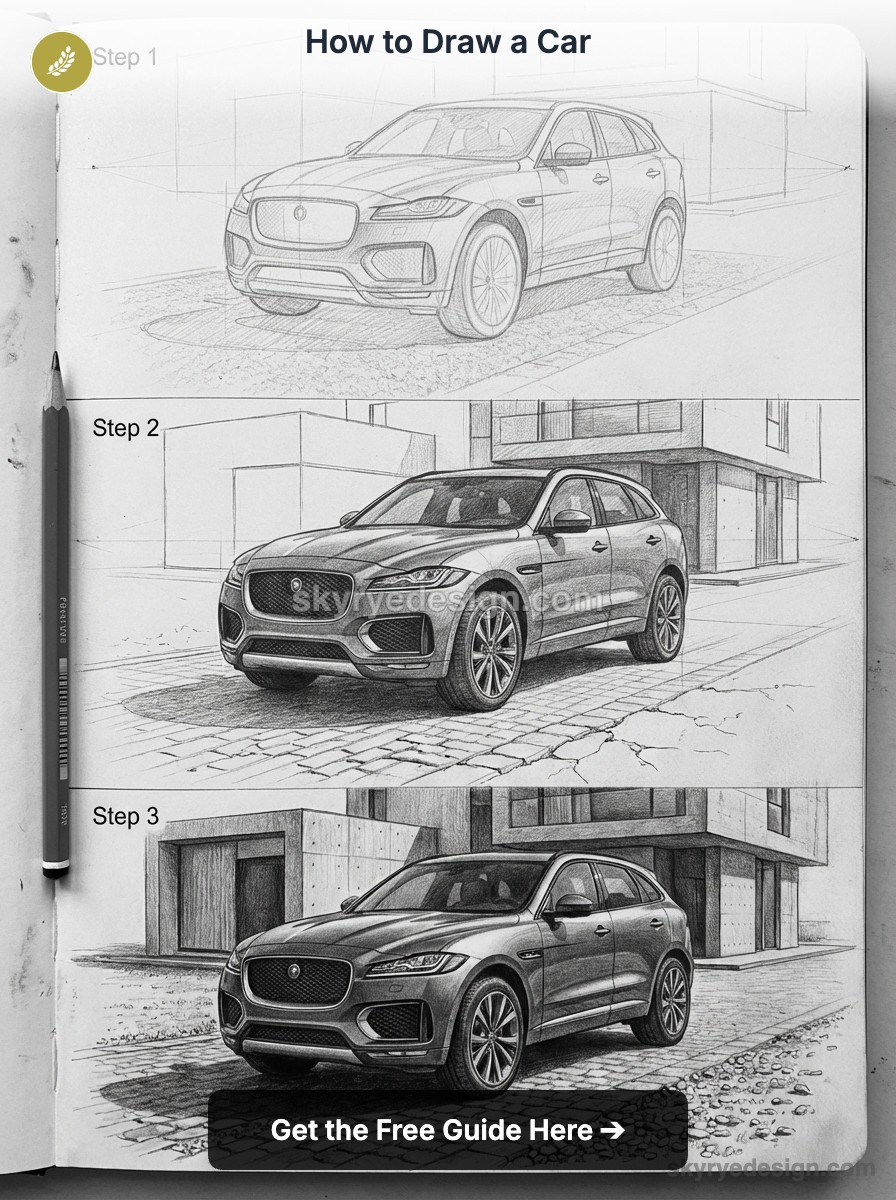 How to draw a car — three-step pencil tutorial: SUV sketch from rough outline to detailed, shaded realistic rendering.