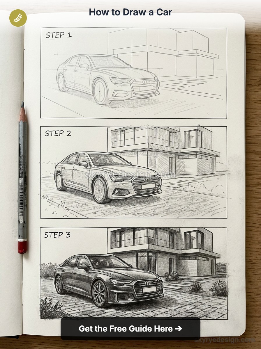 How to draw a car: sketchbook tutorial showing step-by-step pencil sketches of a sedan in perspective, three stages.