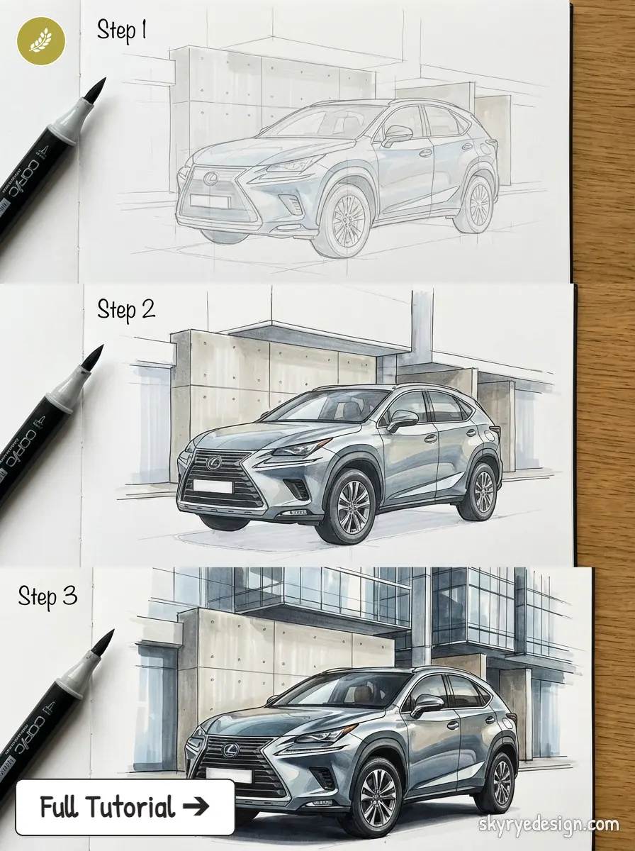 Lexus NX SUV drawing tutorial: 3-step marker sketch to finished realistic car illustration with modern building background