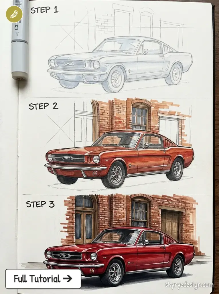Step-by-step illustration tutorial showing sketch to finished red 1965 Ford Mustang parked by brick building.