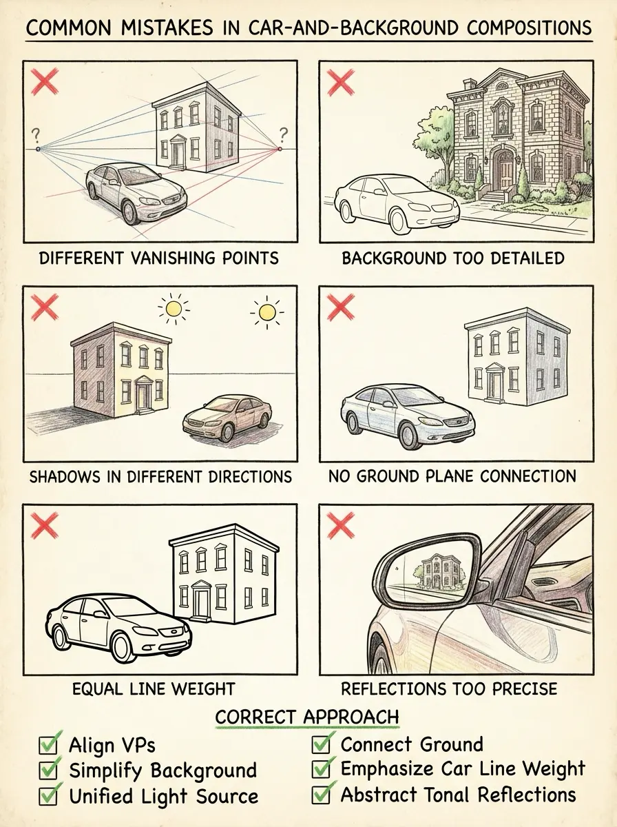Infographic: car-and-background composition mistakes: vanishing points, shadows, ground plane, line weight, reflections