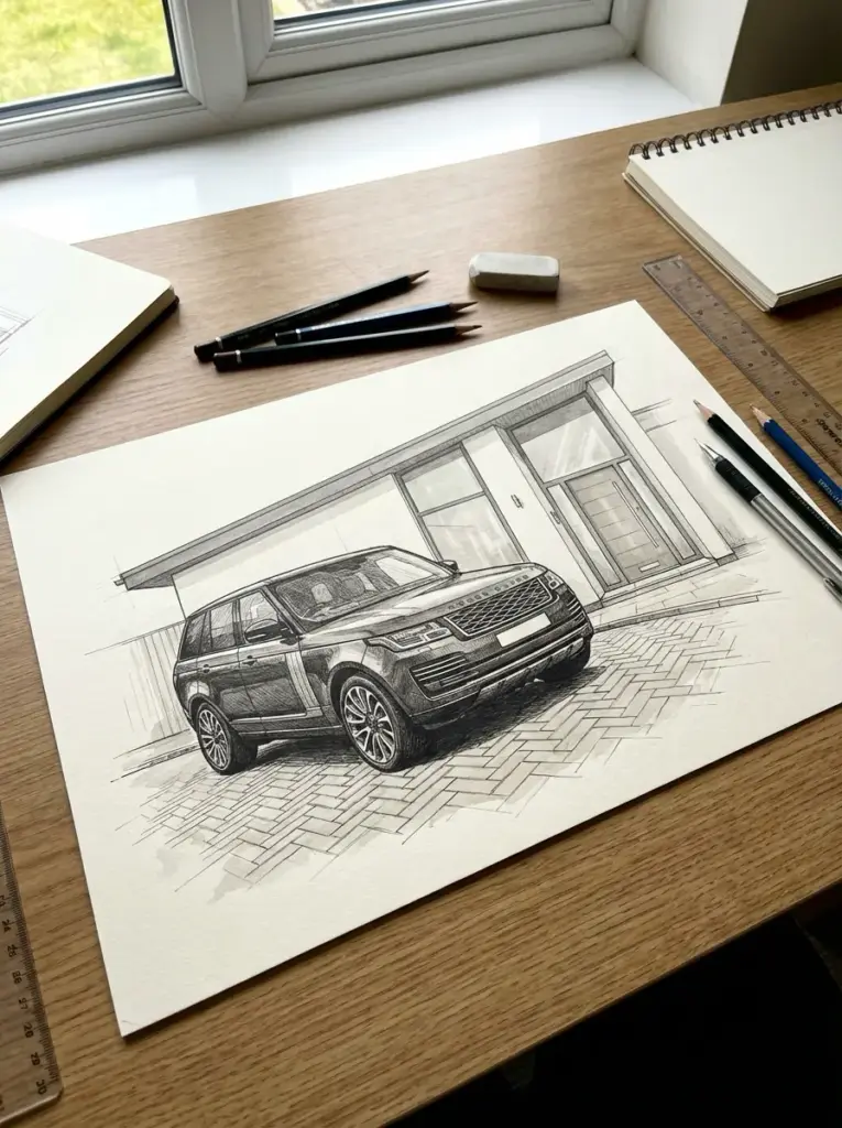 Automotive pencil sketch of a luxury SUV by a modern house, on a desk with pencils, eraser and ruler.