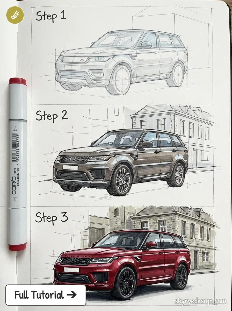 SUV drawing tutorial steps: pencil sketch to shaded mid-tone to finished red Range Rover-style illustration with Copic marker