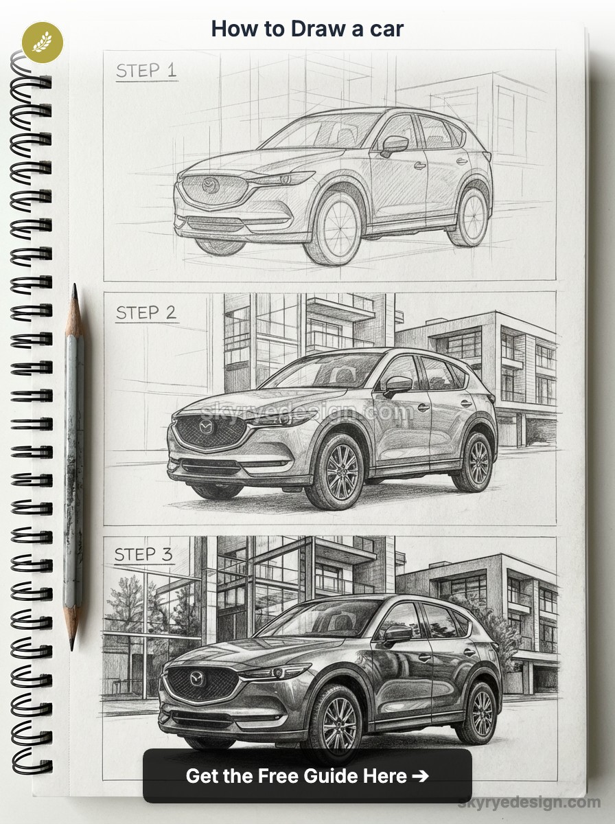 Sketchbook step-by-step pencil car drawing tutorial showing three stages from basic outline to detailed SUV sketch