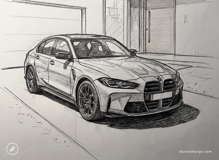 Detailed pencil sketch of a BMW sports sedan in front three-quarter view parked in a modern driveway