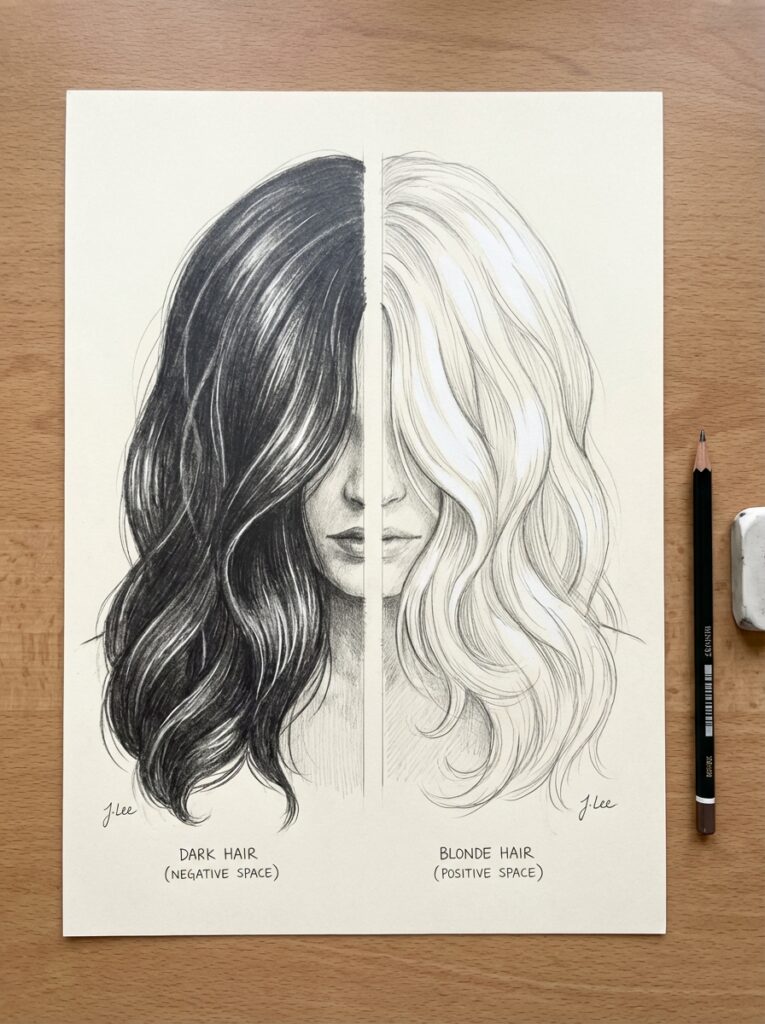 45f3ac87-dfa2-464d-8c88-5afd7c4264ef Pencil illustration of split female portrait: dark hair (negative space) vs blonde hair (positive space) on wooden desk | Sky Rye Design Pencil illustration of split female portrait: dark hair (negative space) vs blonde hair (positive space) on wooden desk