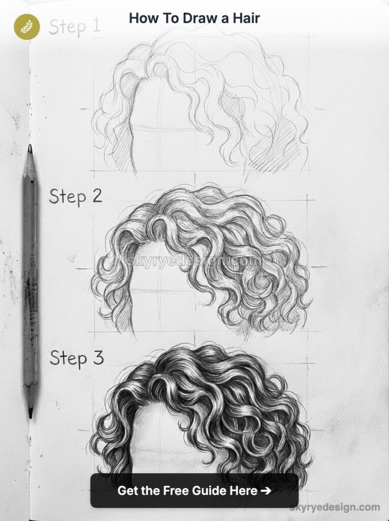tutorial-curly-hair Step-by-step pencil tutorial showing how to draw realistic curly hair in three stages, from rough sketch to detailed shading. | Sky Rye Design Step-by-step pencil tutorial showing how to draw realistic curly hair in three stages, from rough sketch to detailed shading.