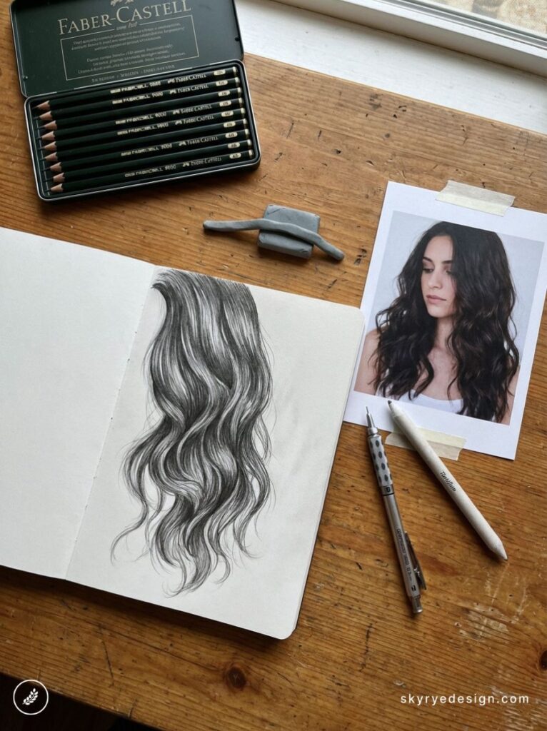 architecture-floor-plan 60 Realistic pencil sketch of long wavy hair in sketchbook with reference photo and Faber-Castell pencils on wooden desk | Sky Rye Design Realistic pencil sketch of long wavy hair in sketchbook with reference photo and Faber-Castell pencils on wooden desk