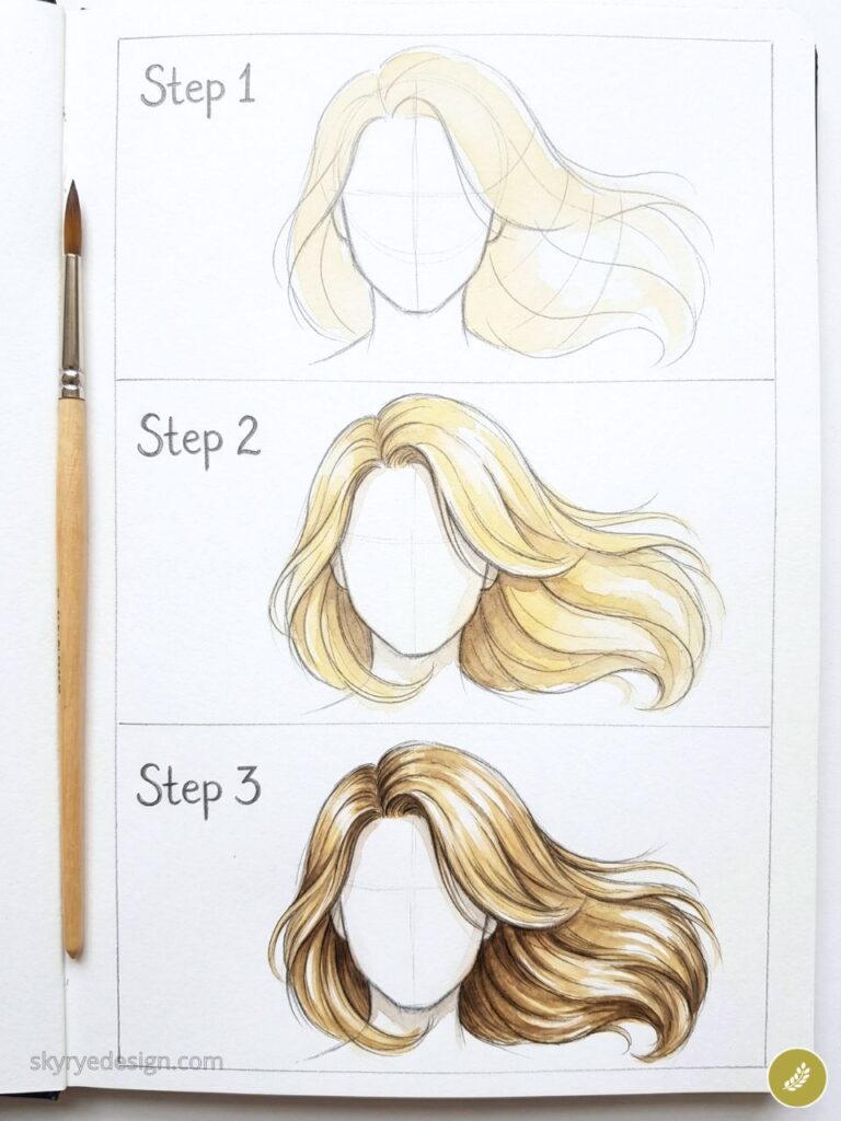 how-to-draw-additional-content-visual 96 How to draw blonde hair watercolor tutorial: three-step progression from sketch to detailed flowing hair with paintbrush. | Sky Rye Design How to draw blonde hair watercolor tutorial: three-step progression from sketch to detailed flowing hair with paintbrush.