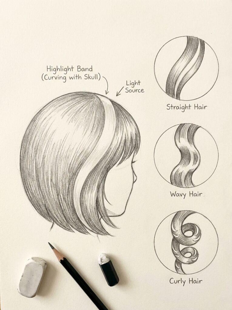 4dd13cf1-88f5-42e2-8ace-49b9823eb329 Pencil tutorial sketch of bob haircut with highlight band and circular insets showing straight, wavy, and curly hair strands | Sky Rye Design Pencil tutorial sketch of bob haircut with highlight band and circular insets showing straight, wavy, and curly hair strands
