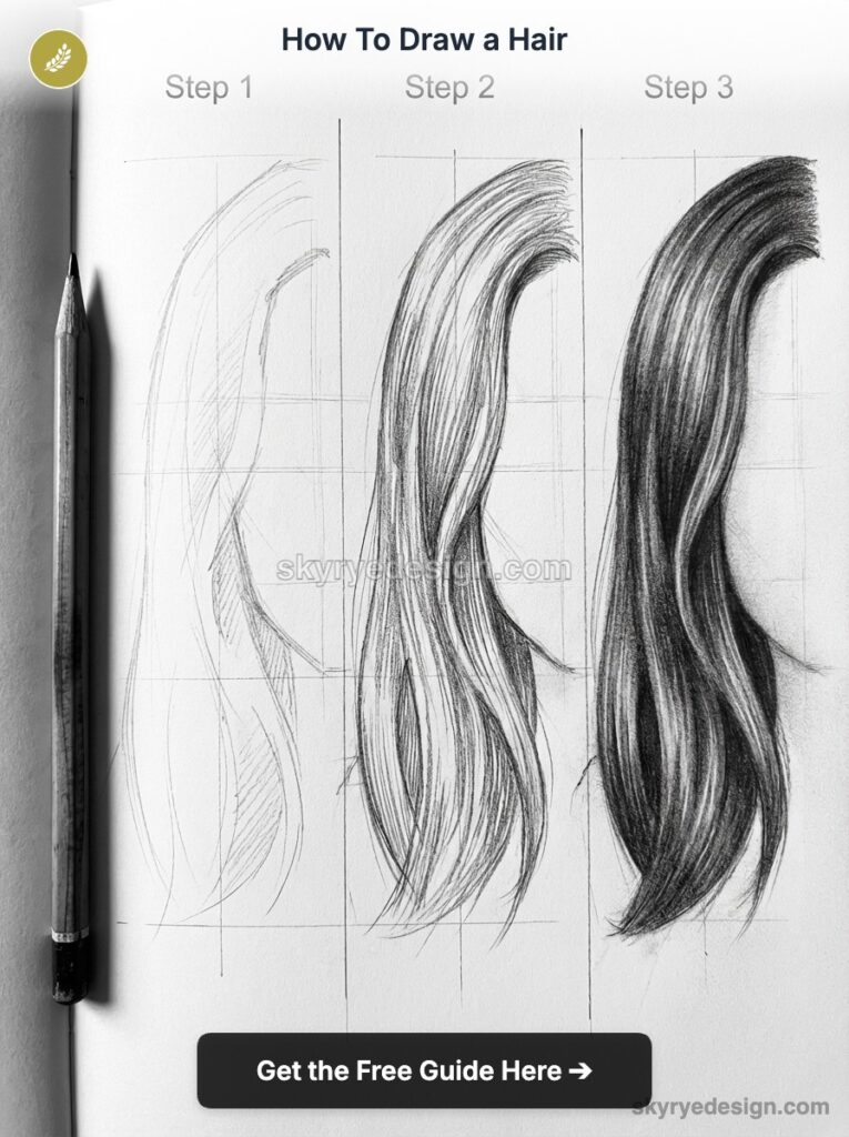 tutorial-straight-hair 1 Step-by-step pencil drawing tutorial showing three stages of long hair sketching and shading with grid and pencil. | Sky Rye Design Step-by-step pencil drawing tutorial showing three stages of long hair sketching and shading with grid and pencil.