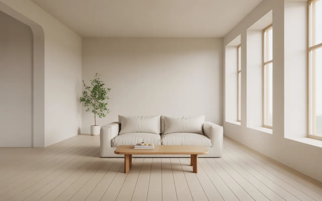 Minimalist beige living room with neutral sofa, wooden coffee table, potted plant, tall windows flooding with natural light