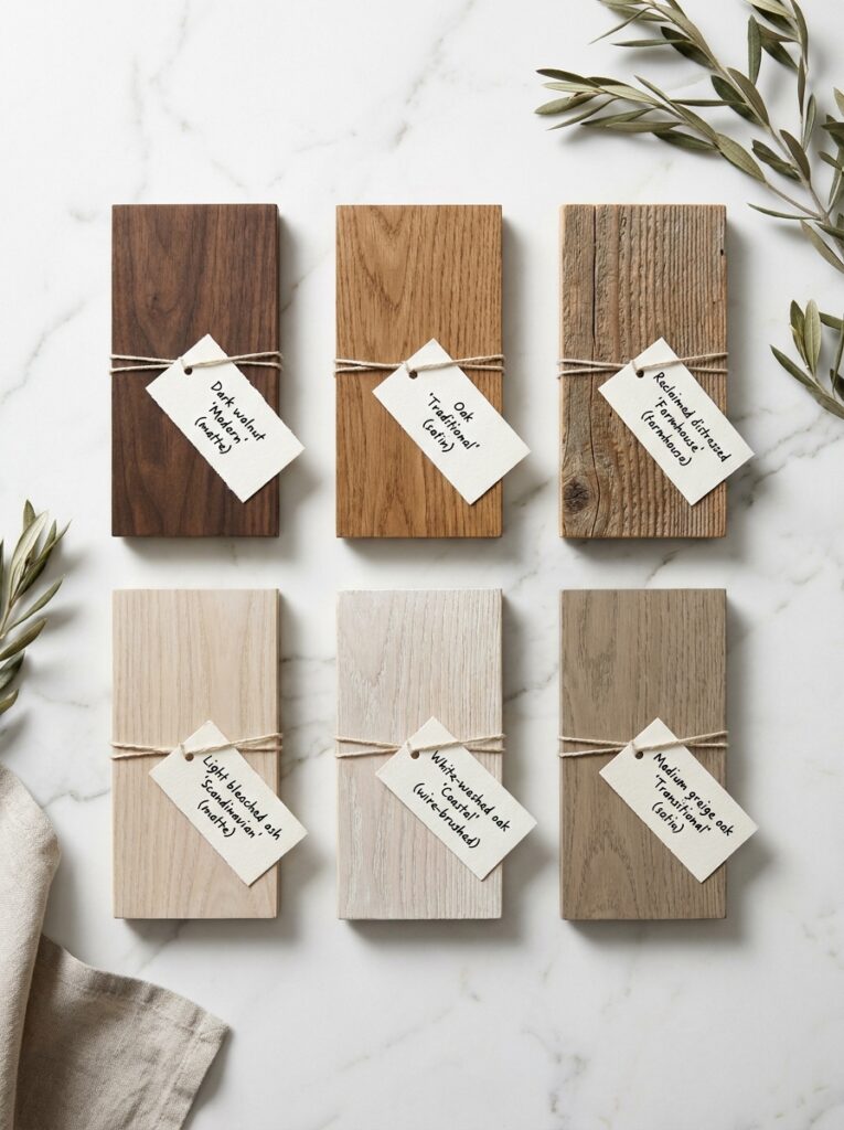 Six wood flooring samples with handwritten tags showing finishes from dark walnut to whitewashed oak on marble.