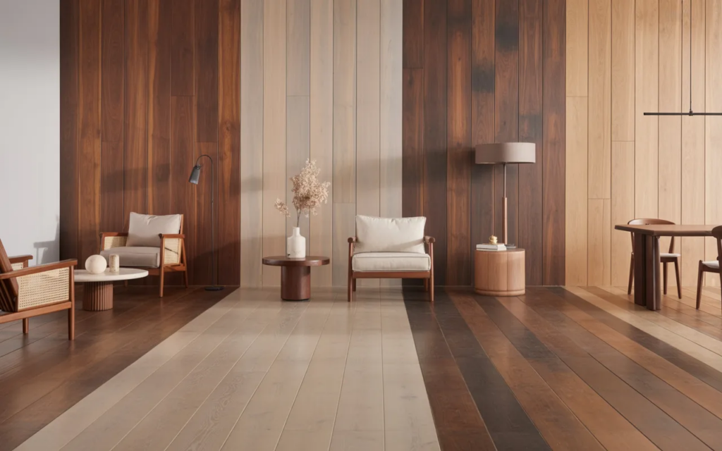 Cozy lounge area with mid-century chairs, beige cushions, and round tables set against a multitone wood-paneled wall.