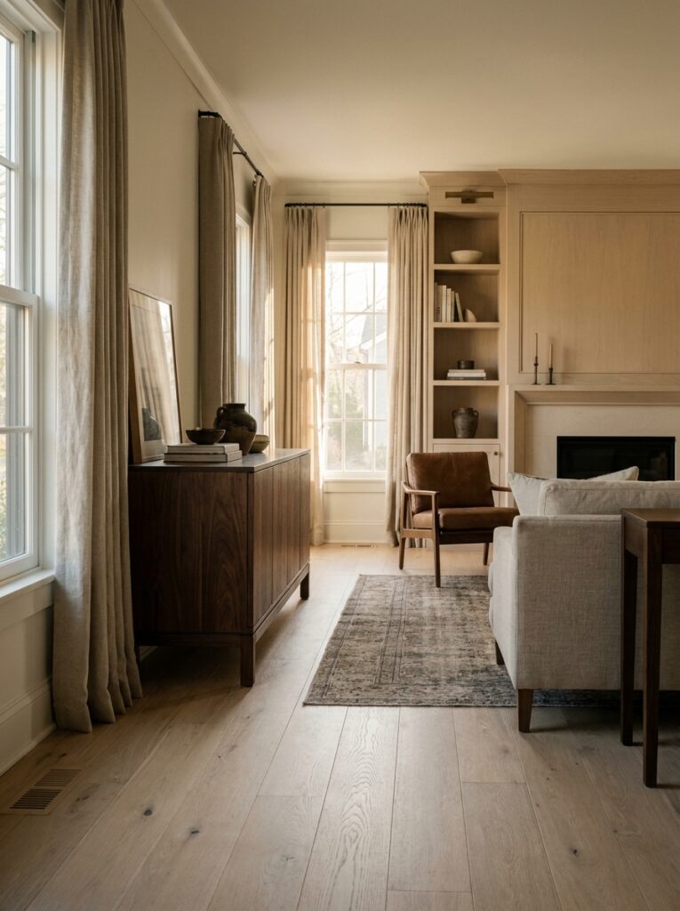 Neutral modern living room with light hardwood floors, beige curtains, leather armchair, wooden credenza and fireplace