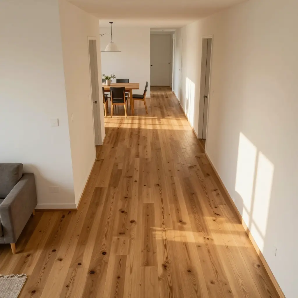 Bright minimalist hallway with light oak hardwood floors, white walls, sunlight and dining table in background