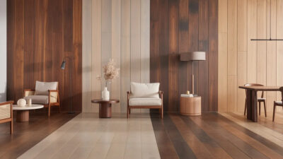 Modern living room with mixed wood plank flooring and wood-paneled wall, neutral armchairs and minimalist decor