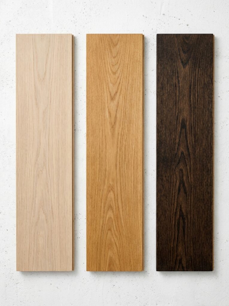 Three hardwood flooring plank samples in light, medium and dark oak finishes on a white background