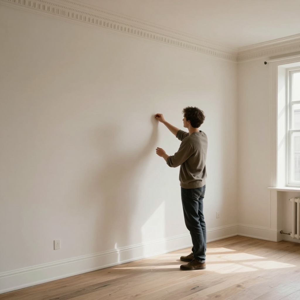 Person marking a blank wall in a sunlit empty apartment with hardwood floors — home renovation staging.