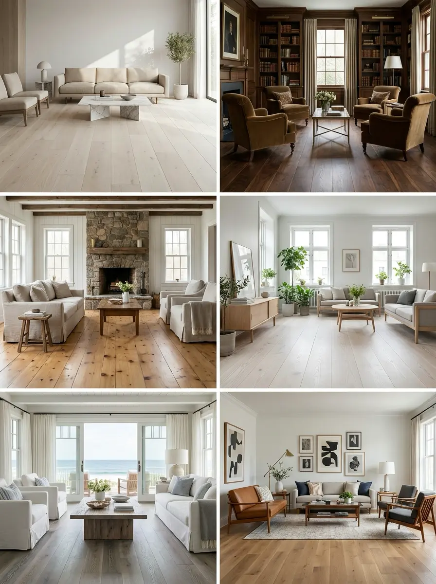 Collage of six stylish living rooms showcasing various hardwood flooring finishes and modern, coastal, rustic interiors