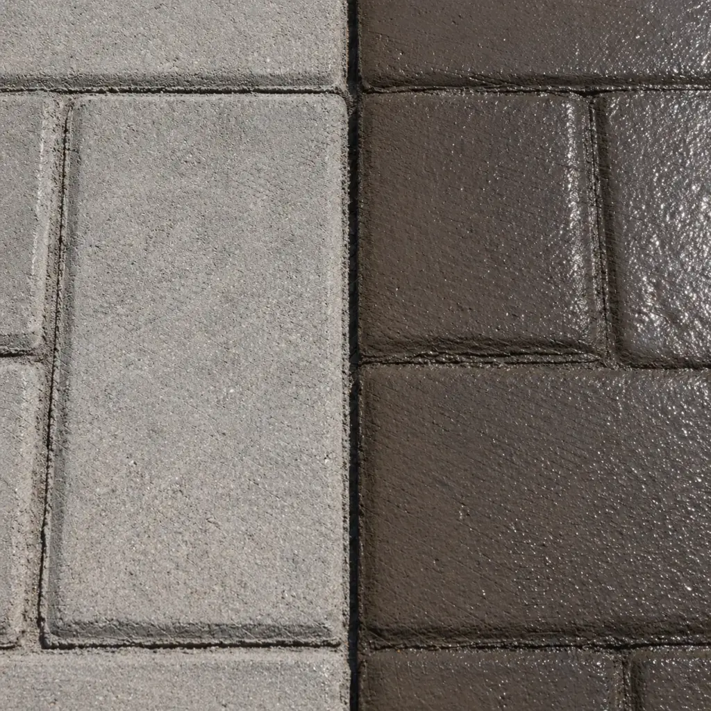 Concrete pavers before-and-after: close-up showing light dry gray vs dark wet/sealed finish.