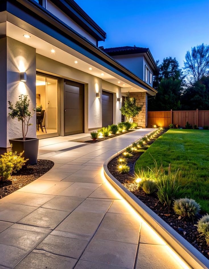 Modern home exterior at dusk with LED recessed pathway and garden lights, illuminated tiled walkway and landscaped front yard.