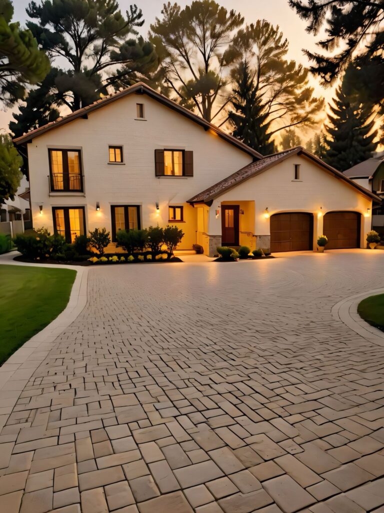 Two-story suburban home at sunset with warm-lit windows, landscaped front yard and wide paver driveway to a three-car garage