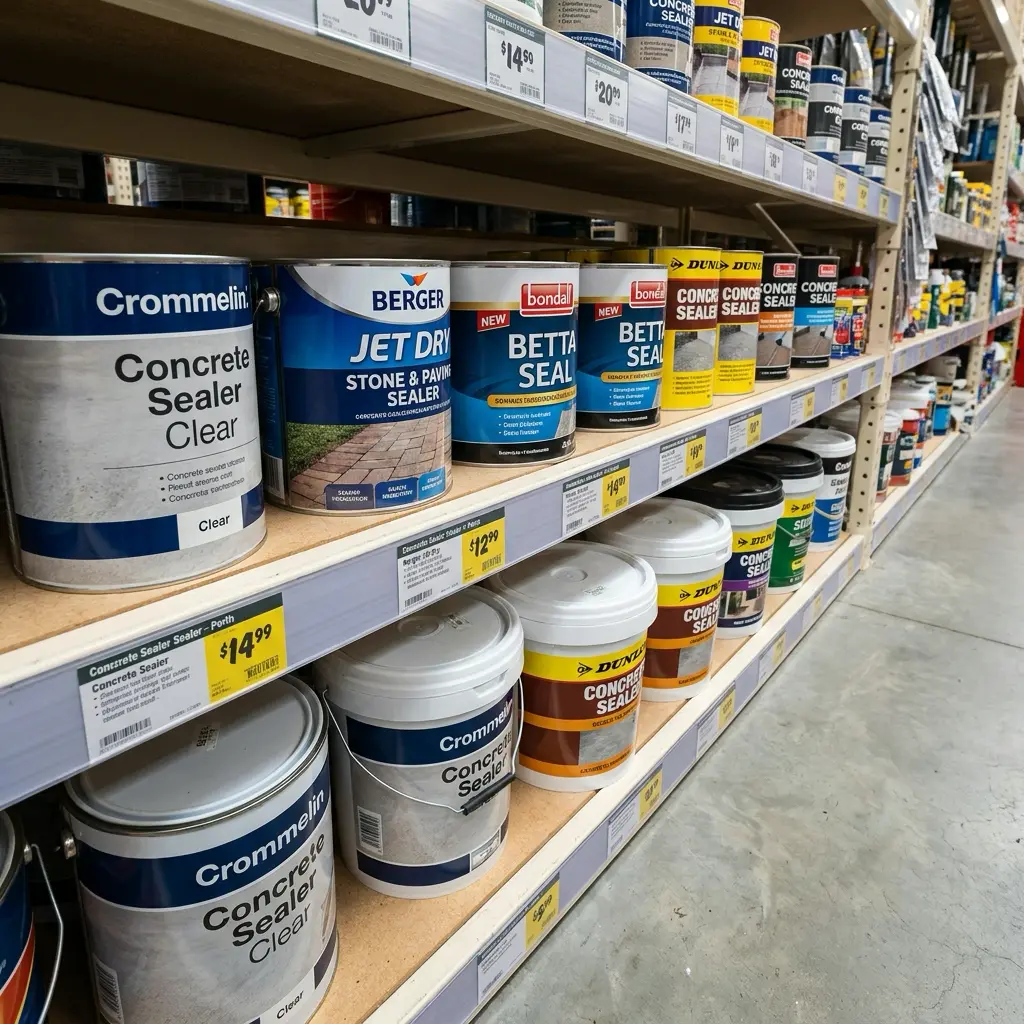 Hardware store aisle with shelves of concrete sealer cans and buckets for stone and paver sealing