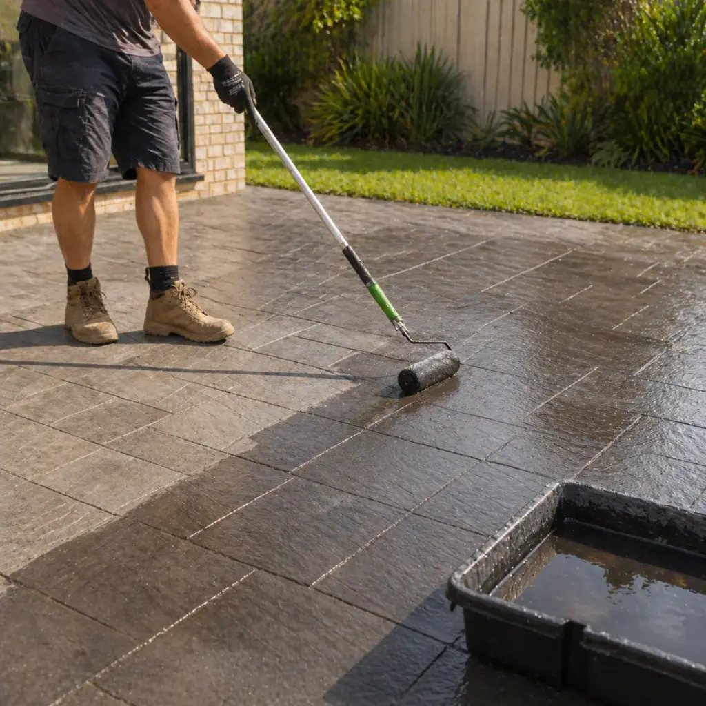 Worker sealing outdoor paver patio with long-handled roller and tray, applying sealer for a glossy wet finish