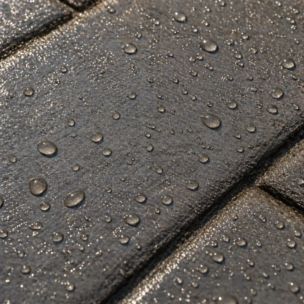 Close-up of beaded water droplets on dark textured waterproof fabric, sunlight glinting on the surface