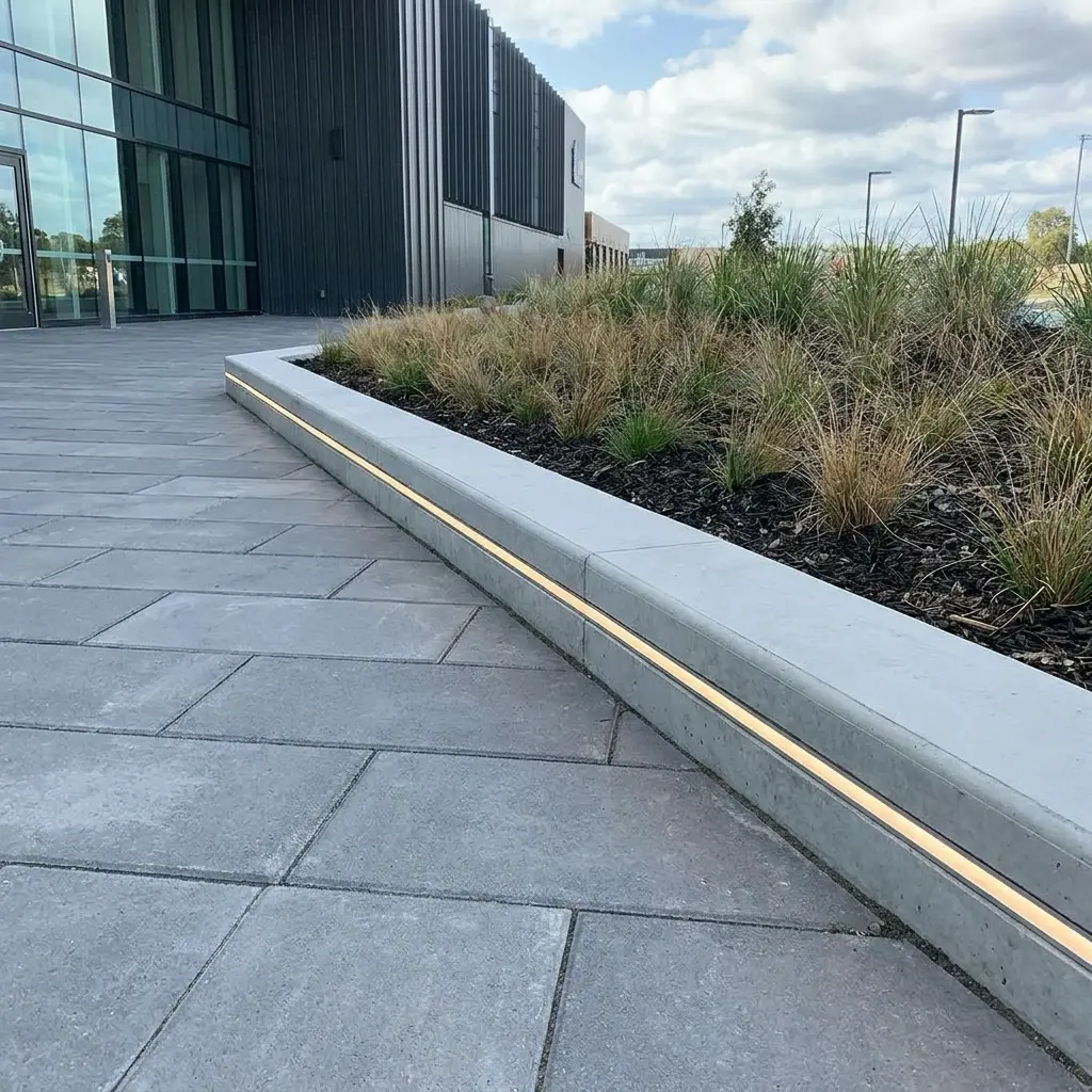 Modern commercial entrance with paved walkway, concrete planter, ornamental grasses and LED lighting